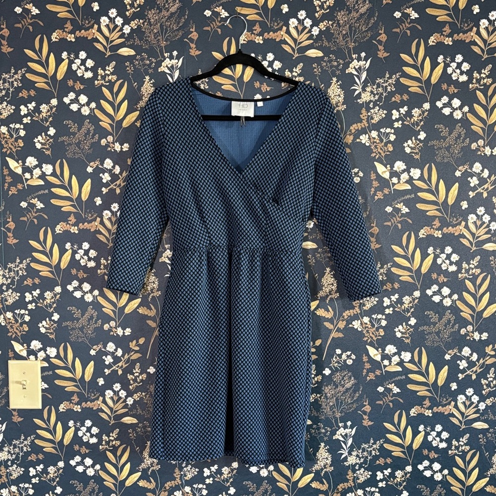HD in Paris Anthropologie Dark Blue Patterned Faux Wrap Long Sleeve Dress Size S
